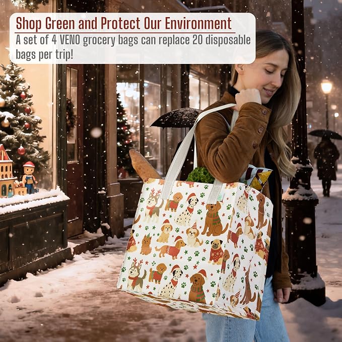 VENO 4 Pack Christmas Reusable Grocery Bags, Heavy-Duty Shopping Bags - Image 7