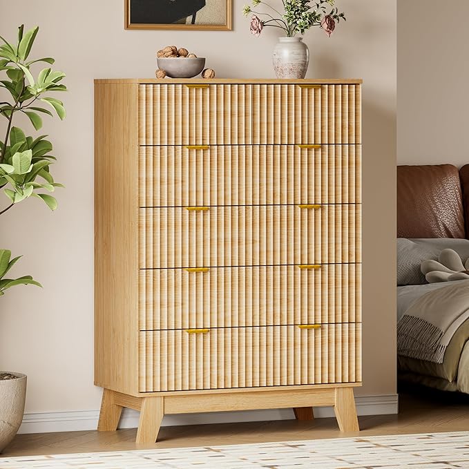 46" Tall Dresser for Bedroom, 6-Drawer Fluted Chest of Drawers, Modern Wood by BORNOON
