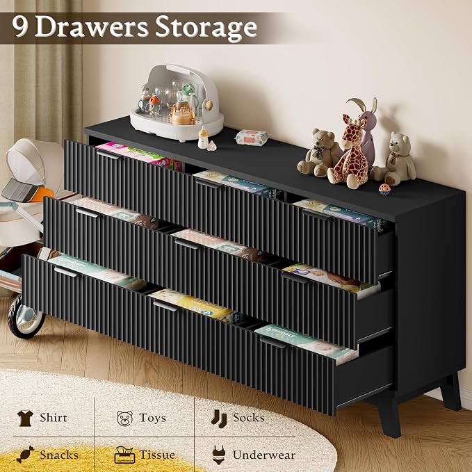 63" Long Dresser for Bedroom, 9-Drawer Fluted Dresser, Extra-Wide Wood Chest of - Image 6