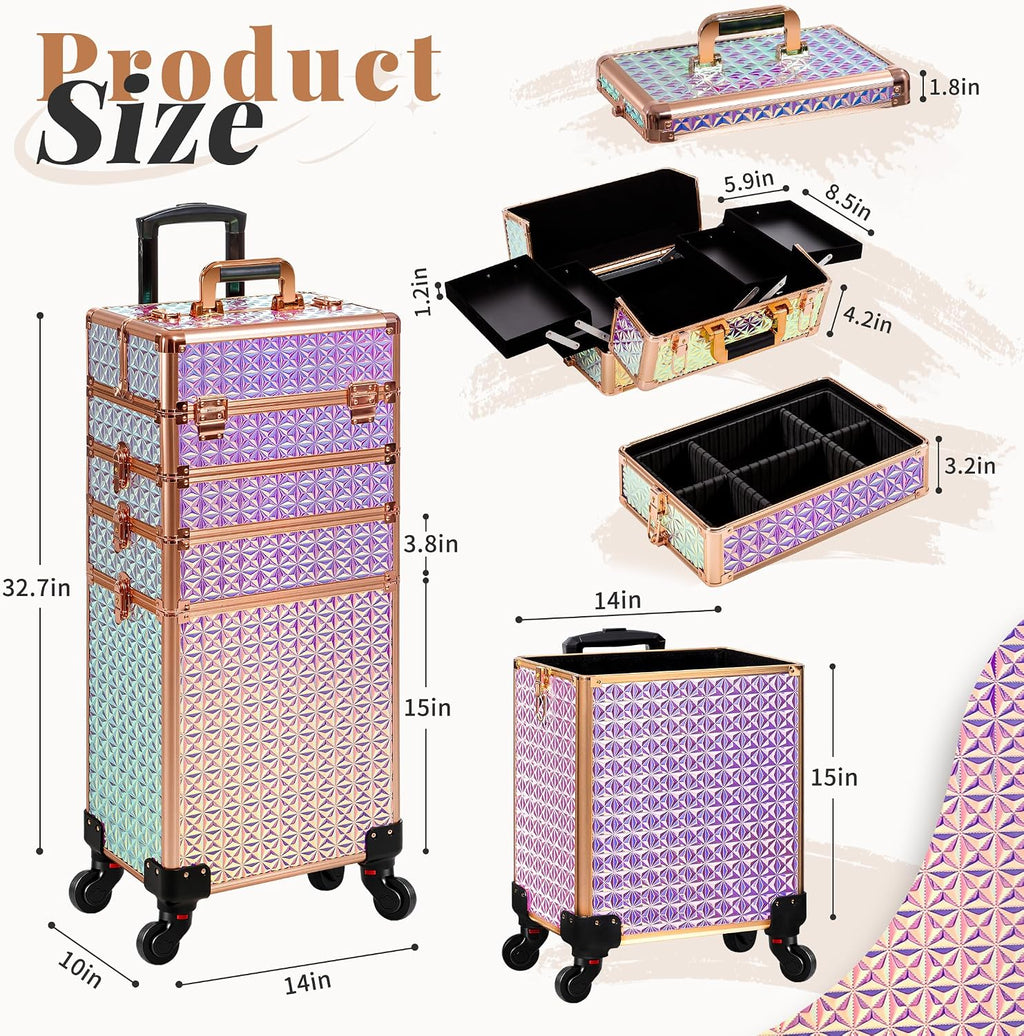 AROUS 5 in 1 Rolling Makeup Train Case with Lid Cosmetology Case on