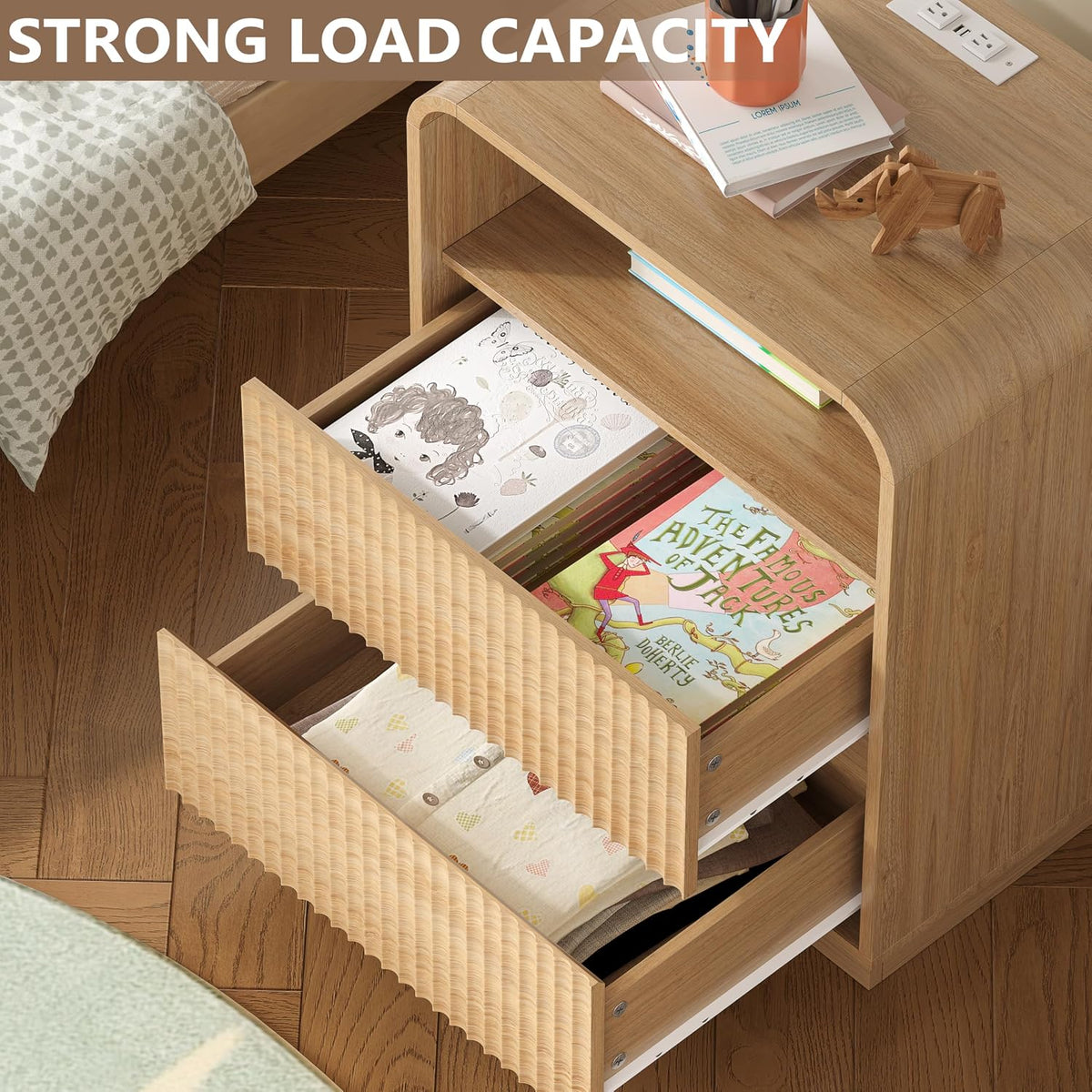 BORNOON Dresser with 2 Drawers and Charging Station, Fluted Bedside