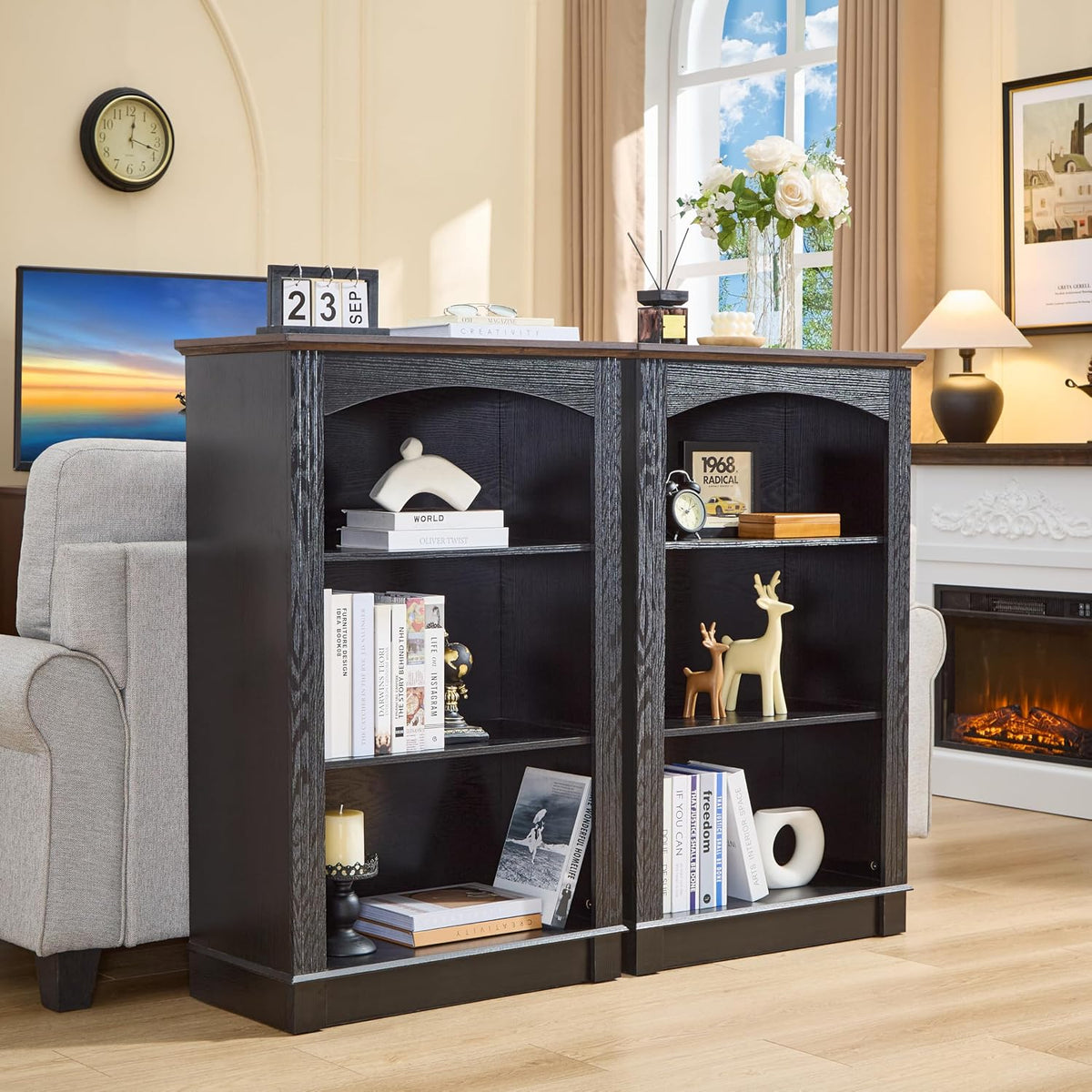 Black Bookshelf, 3 Tier Bookcase Kids Bookshelf Wood Cube Storage