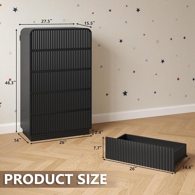 Tall Dresser for Bedroom with 5 Drawers, Fluted Chest of Drawers with Round - Image 2
