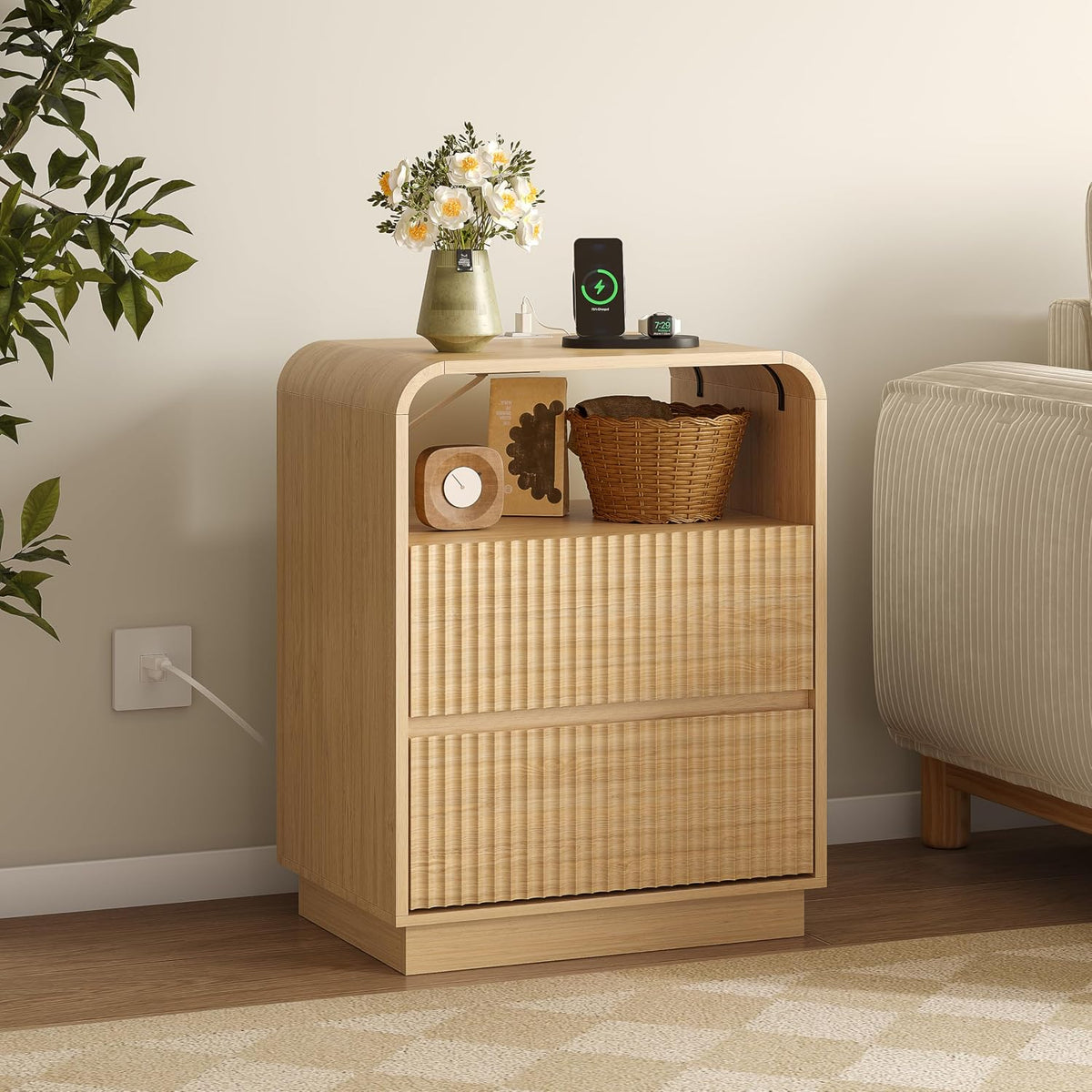 BORNOON Dresser with 2 Drawers and Charging Station, Fluted Bedside