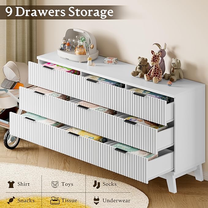 63" Long Dresser for Bedroom, 9-Drawer Fluted Dresser, Extra-Wide Wood Chest of - Image 6
