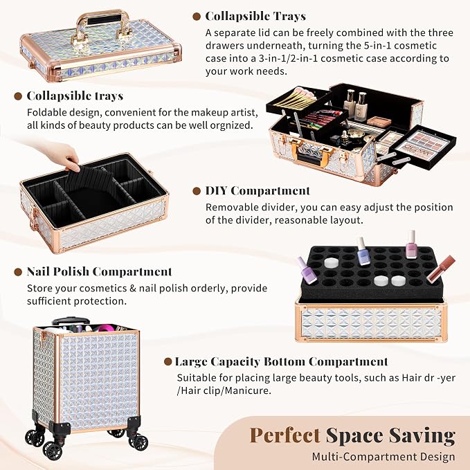AROUS 5 in 1 Rolling Makeup Train Case Cosmetology Case on Wheels Large - Image 4