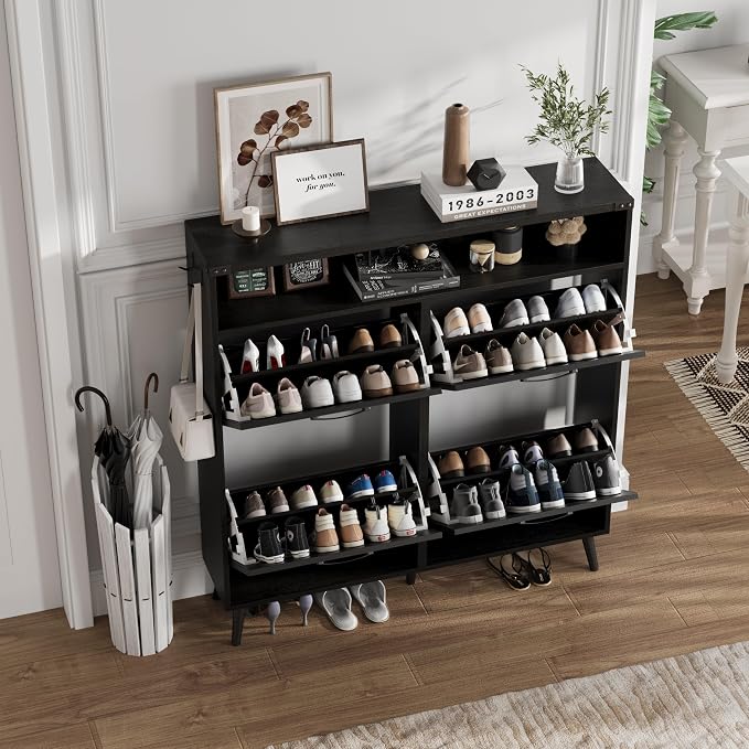 Shoe Cabinet with 4 Flip Drawers, Farmhouse Shoe Storage Cabinet - Image 4