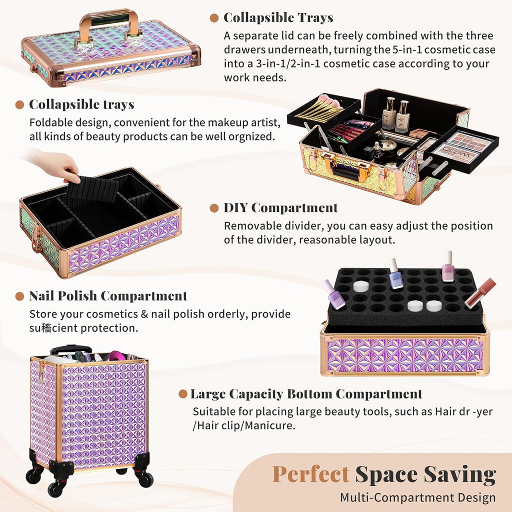 AROUS 5 in 1 Rolling Makeup Train Case with Lid Cosmetology Case on
