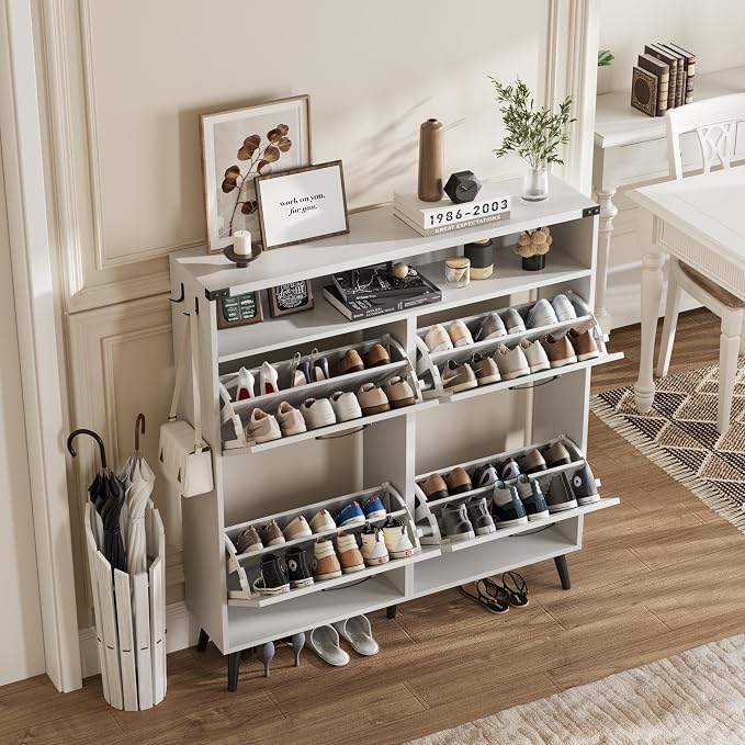 Shoe Cabinet with 4 Flip Drawers, Farmhouse Shoe Storage Cabinet - Image 5