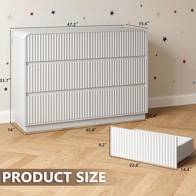 Dresser for Bedroom with 6 Drawers, Fluted Chest of Drawers with Round Curved - Image 2