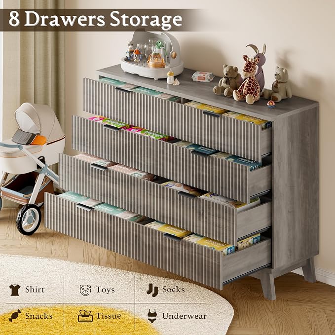 53" Tall Dresser for Bedroom, 8-Drawer Fluted Chest of Drawers, Modern Wood - Image 6