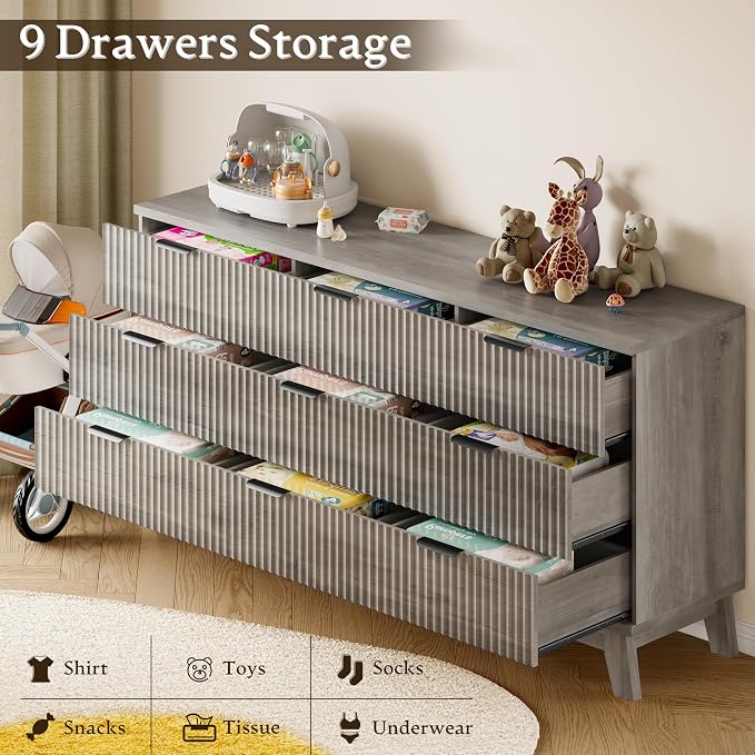 63" Long Dresser for Bedroom, 9-Drawer Fluted Dresser, Extra-Wide Wood Chest of - Image 6