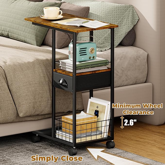 C Shaped Sofa Side Table with Wheels, Rolling Small Coffee Table with Drawer - Image 7