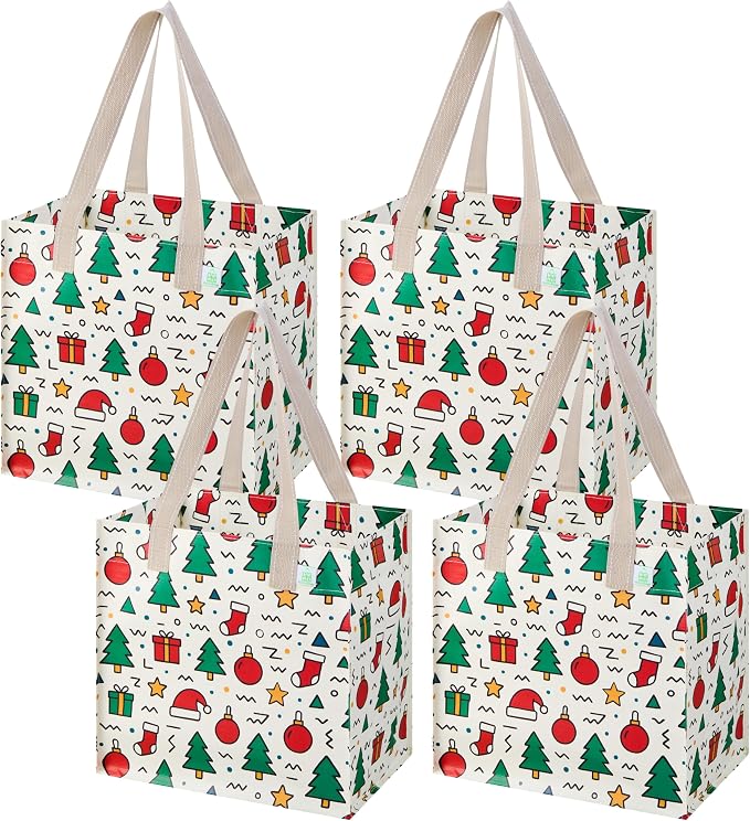 VENO 4 Pack Christmas Reusable Grocery Bags, Heavy-Duty Shopping Bags by Veno