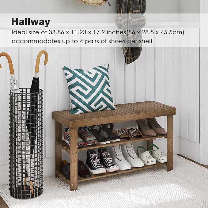 SMIBUY Bamboo Shoe Rack Bench, 3-Tier Shoe Organizer Storage Shelf - Image 3