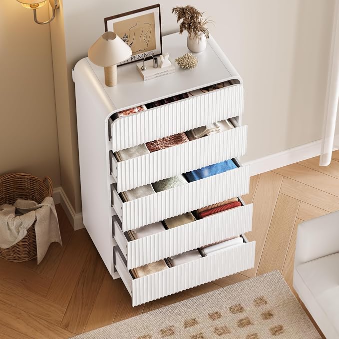 Tall Dresser for Bedroom with 5 Drawers, Fluted Chest of Drawers with Round - Image 3