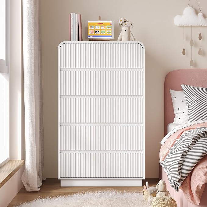 Tall Dresser for Bedroom with 5 Drawers, Fluted Chest of Drawers with Round - Image 7