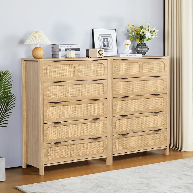 LEVNARY 5 Drawer Chest Dresser, Rattan Tall Dresser 5 Chest of Drawers Dressers - Image 8