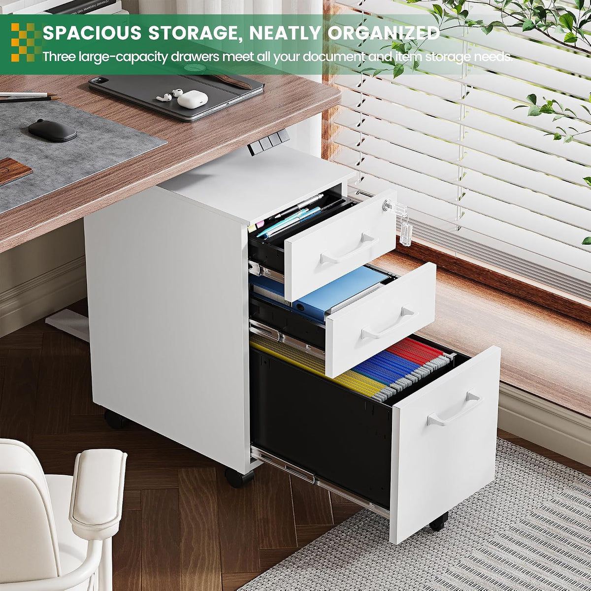 3 Drawer Slim File Cabinet, Mobile File Cabinet with Lock for Home