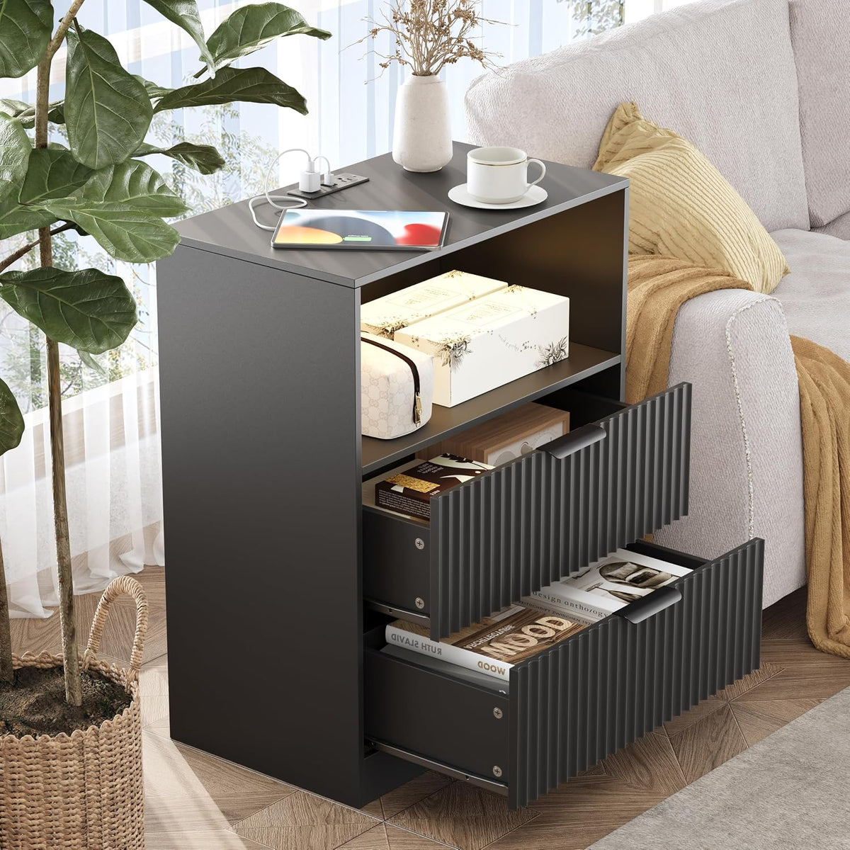 Fluted Nightstand with Charging Station & LED Lights, Fluted Wood