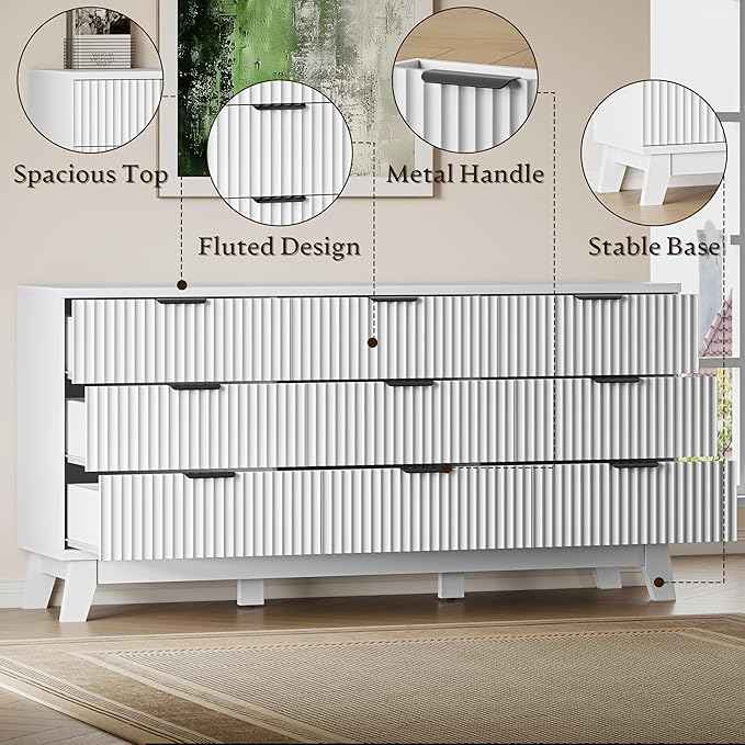 63" Long Dresser for Bedroom, 9-Drawer Fluted Dresser, Extra-Wide Wood Chest of - Image 5