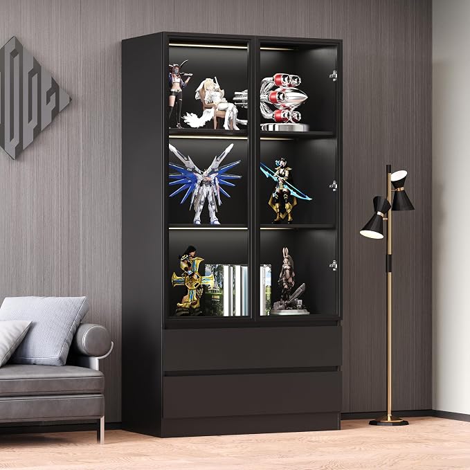Wooden Display Cabinet with Glass Doors & 2 Drawers, LED Lights Glass Display - Image 6