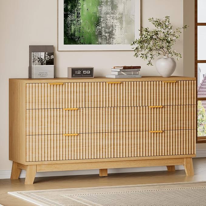 57" Long Dresser for Bedroom, 7-Drawer Fluted Chest, Wide Wood Storage Dresser by BORNOON