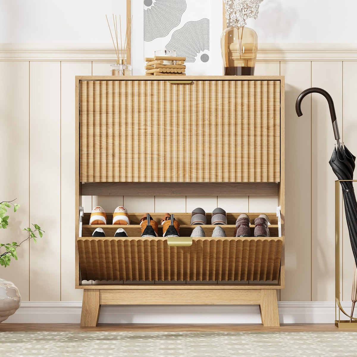 Shoe Cabinet Storage for Entryway with 2 Flip Drawers, Fluted Narrow