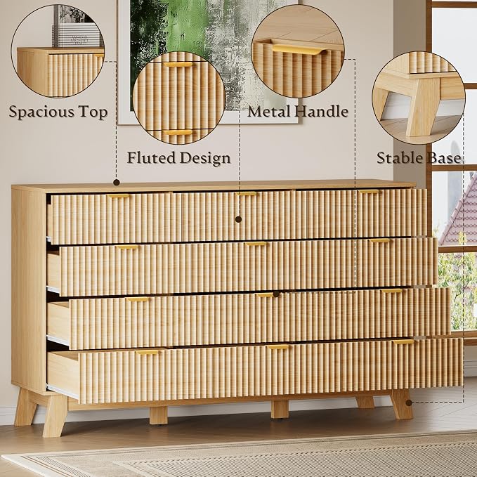 57" Wide Dresser for Bedroom, 12-Drawer Fluted Dresser - Image 4
