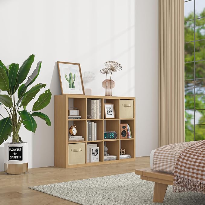 Bookshelf with Storage Bins, 9-Cube Storage Organizer Sturdy Wooden Bookcase - Image 2