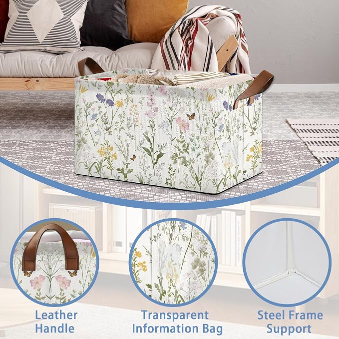 Wildflowers Butterfly Storage Baskets, Plants Botanical Foldable Large Capacity - Image 3