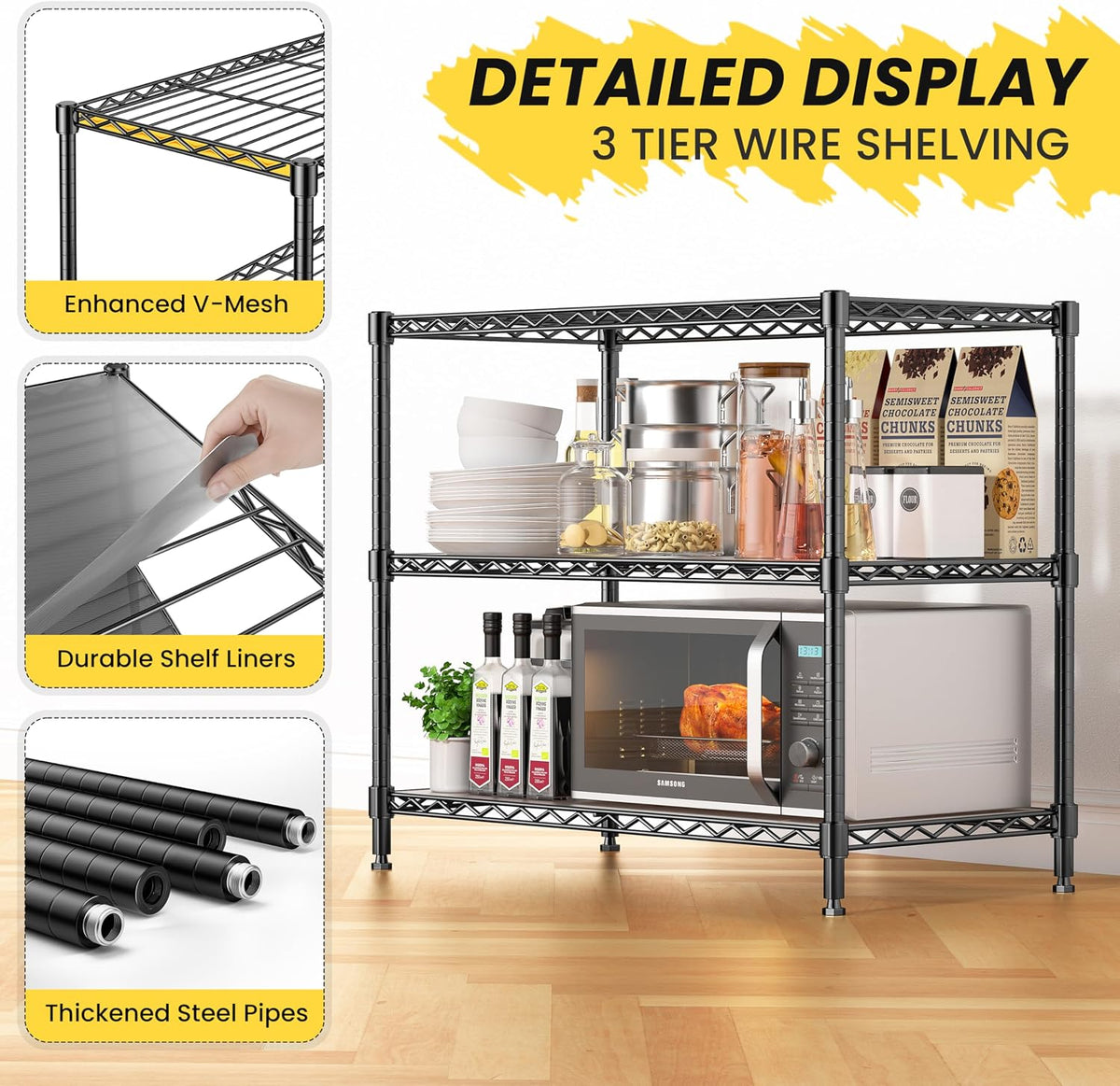 3-Tier Storage Shelves 450LBS Metal Shelving Unit, Adjustable Wire