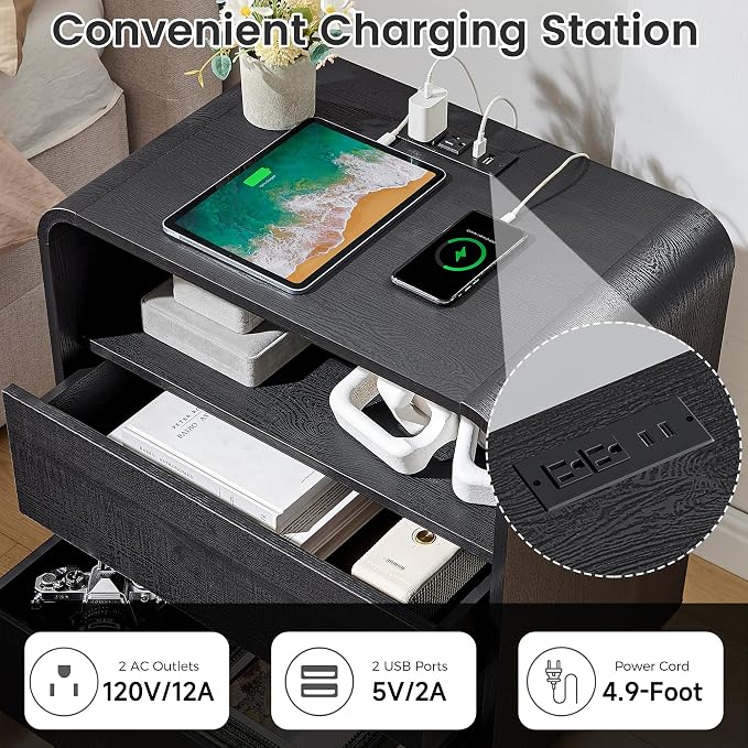 Curved Black Nightstand with Charging Station, Modern Bedside Table with 2 - Image 5
