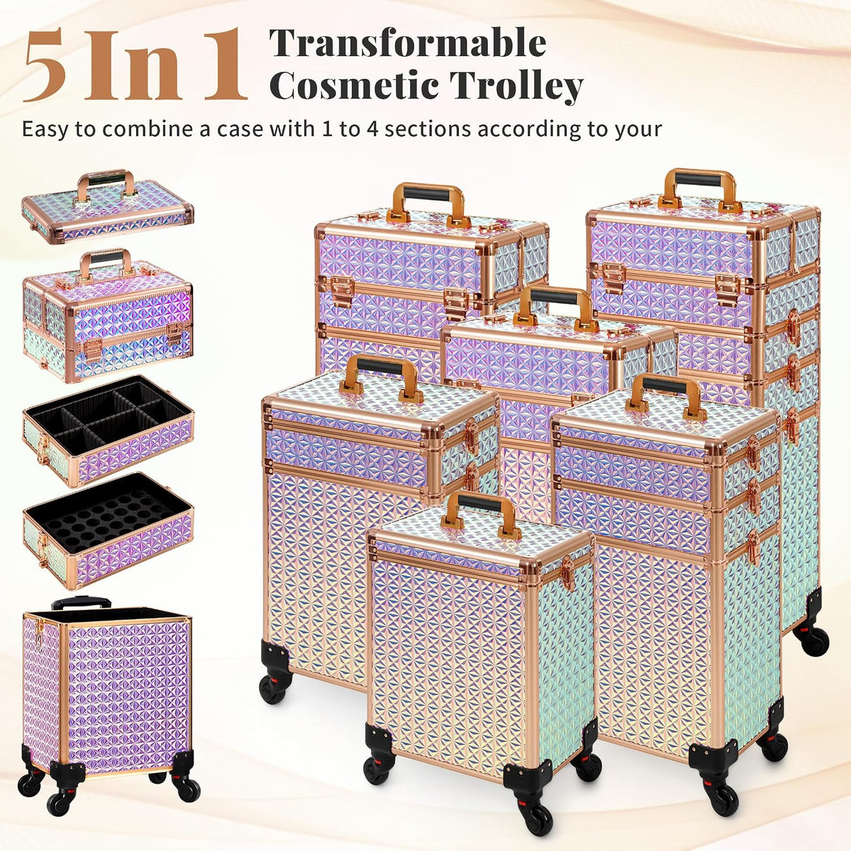 AROUS 5 in 1 Rolling Makeup Train Case with Lid Cosmetology Case on