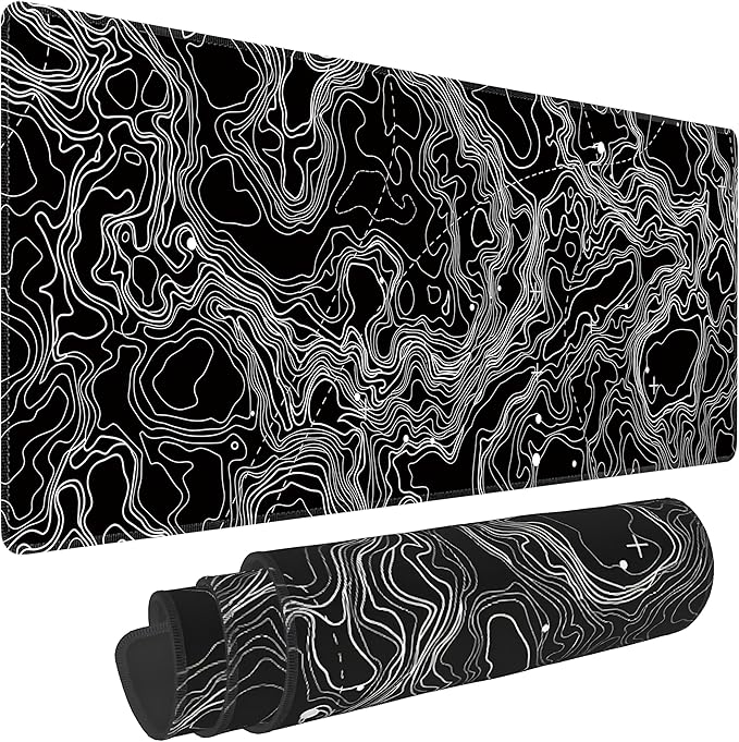 Black with White Topographic Line Large Mouse Pad, Gaming Keyboard Desk Pad by BAHDSISFA