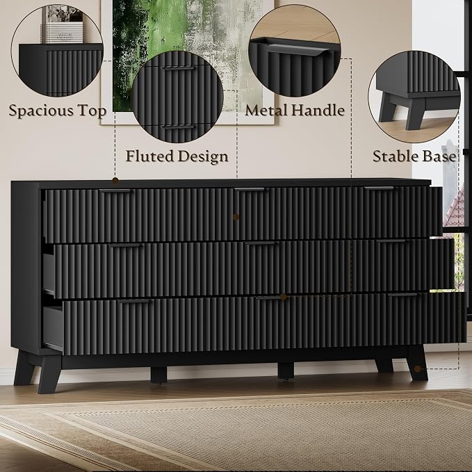 63" Long Dresser for Bedroom, 9-Drawer Fluted Dresser, Extra-Wide Wood Chest of - Image 5