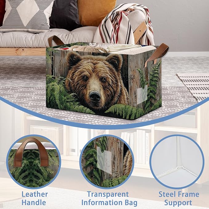 Vintage Bear Wooden Storage Baskets, Ferns Plants Foldable Large Capacity - Image 3