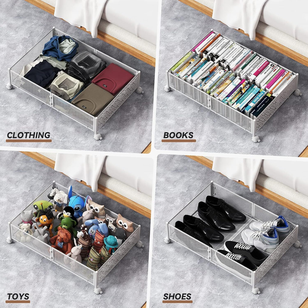 Under Bed Storage Container with Wheels,Patterned,Metal,2 Pack,White