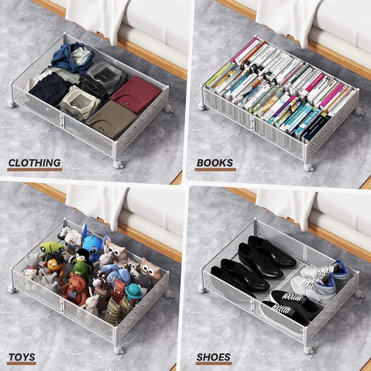 Under Bed Storage Container with Wheels,Patterned,Metal,2 Pack,White