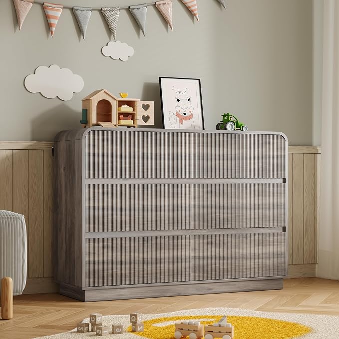 Dresser for Bedroom with 6 Drawers, Fluted Chest of Drawers with Round Curved by BORNOON