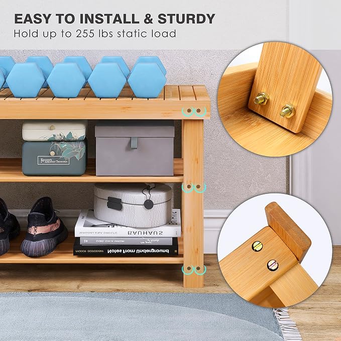 SMIBUY Bamboo Shoe Rack Bench, 3-Tier Shoe Organizer Storage Shelf - Image 6