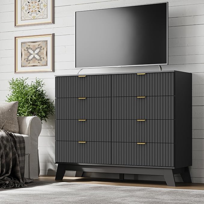 Fluted 8 Drawer Tall Dresser, 47.2" Wide Modern Boho Chest of Drawers, Wooden - Image 5