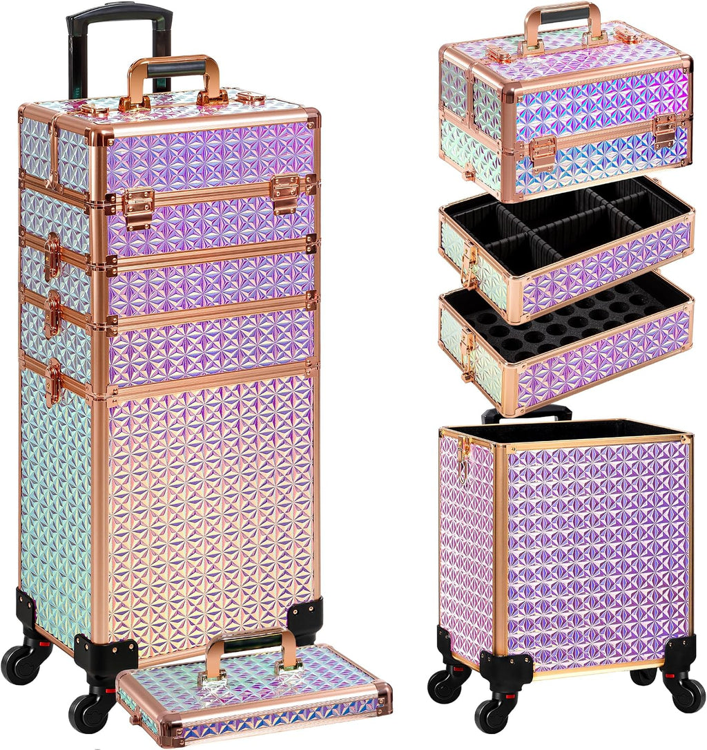 AROUS 5 in 1 Rolling Makeup Train Case with Lid Cosmetology Case on