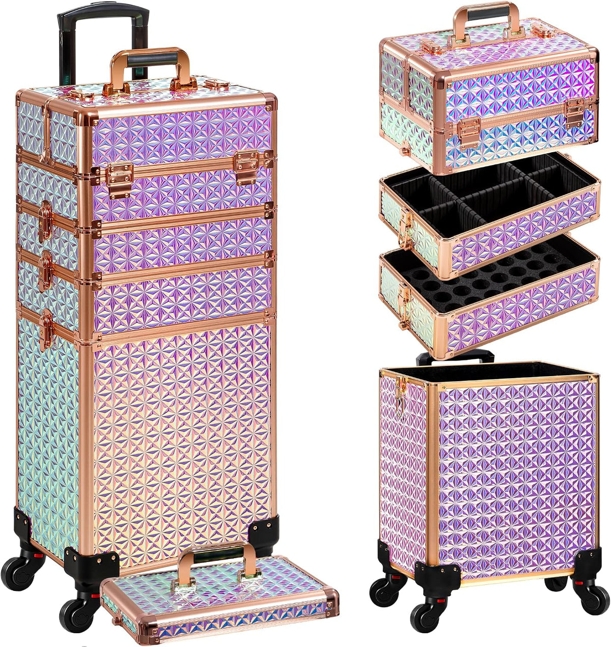 AROUS 5 in 1 Rolling Makeup Train Case with Lid Cosmetology Case on
