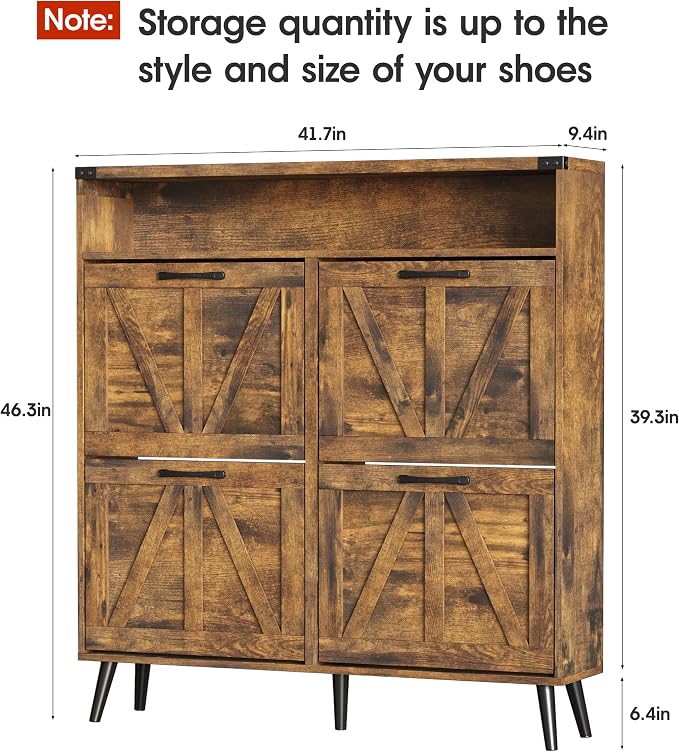 Shoe Cabinet with 4 Flip Drawers, Farmhouse Shoe Storage Cabinet - Image 2