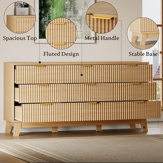 63" Long Dresser for Bedroom, 9-Drawer Fluted Dresser, Extra-Wide Wood Chest of - Image 5