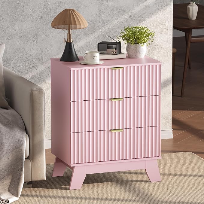 Pink Night Stand with 3 Drawers, Bedside Table & End Table, Farmhouse Night - Image 4