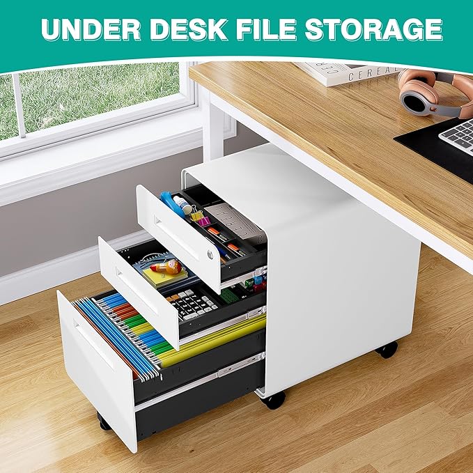 3 Drawer File Cabinet with Lock, Under Desk File Cabinet, Three Drawer Filing - Image 4