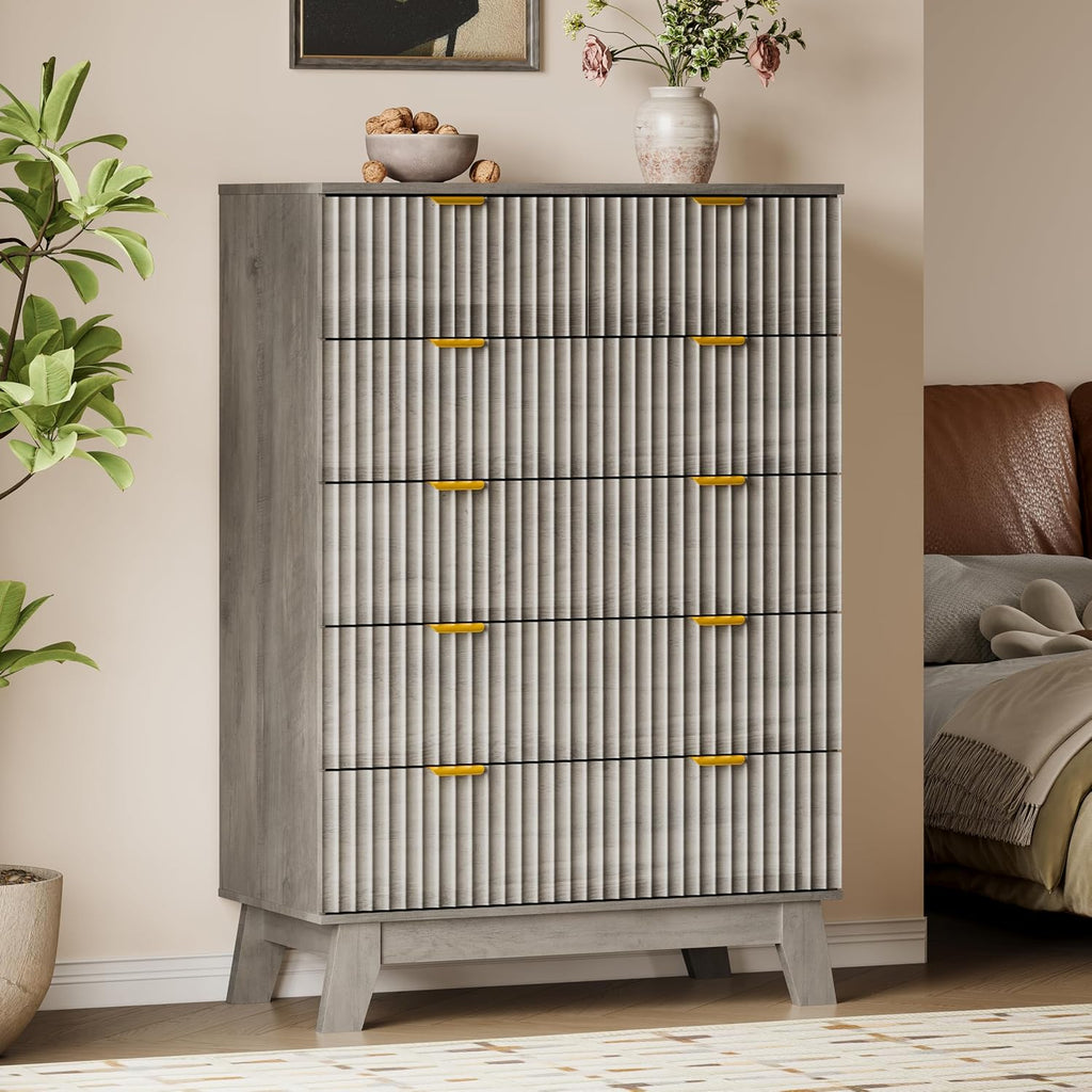 BORNOON 46" Tall Dresser for Bedroom, 6-Drawer Fluted Chest of