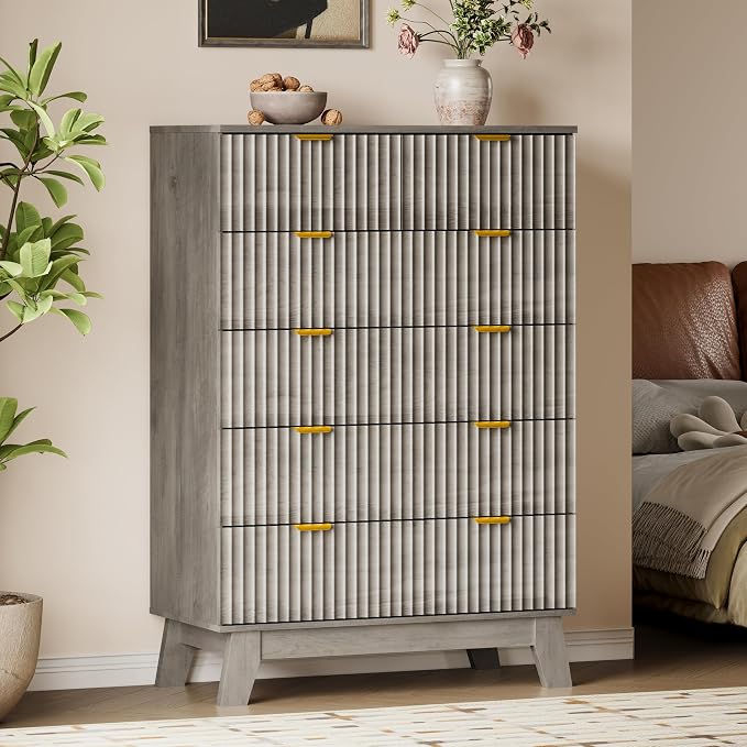 46" Tall Dresser for Bedroom, 6-Drawer Fluted Chest of Drawers, Modern Wood by BORNOON